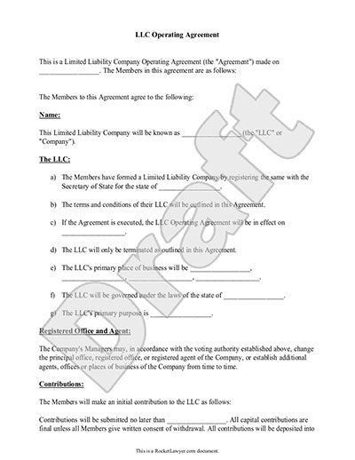 Sample LLC Operating Agreement Form Template